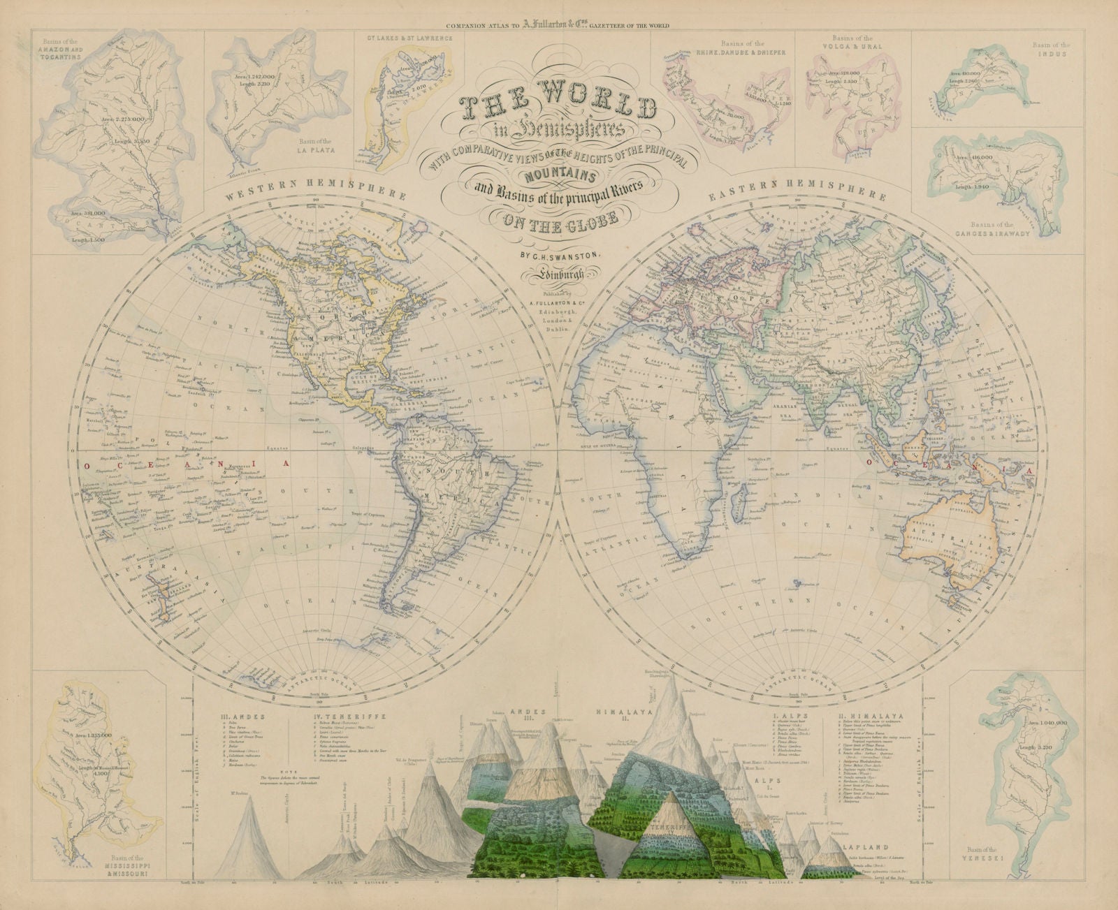 World in hemispheres. Mountains & rivers. SWANSTON 1860 old antique map chart
